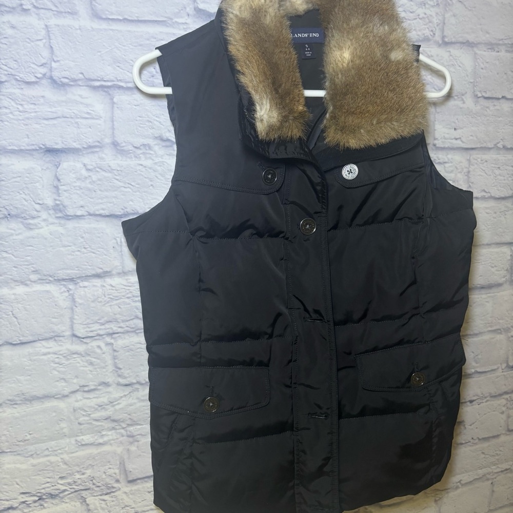 Lands' End Women's Goose Down Puffer Vest Faux Fur Hood Small Outdoor - Picture 5 of 12